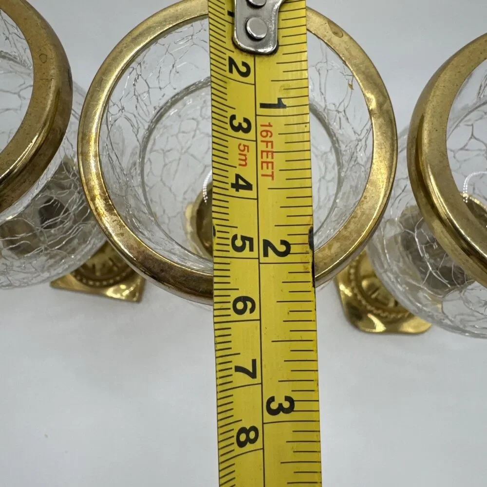 Vintage Mid-Century Gold Brass & Crackle Glass Votive Candle Holder Set of 4